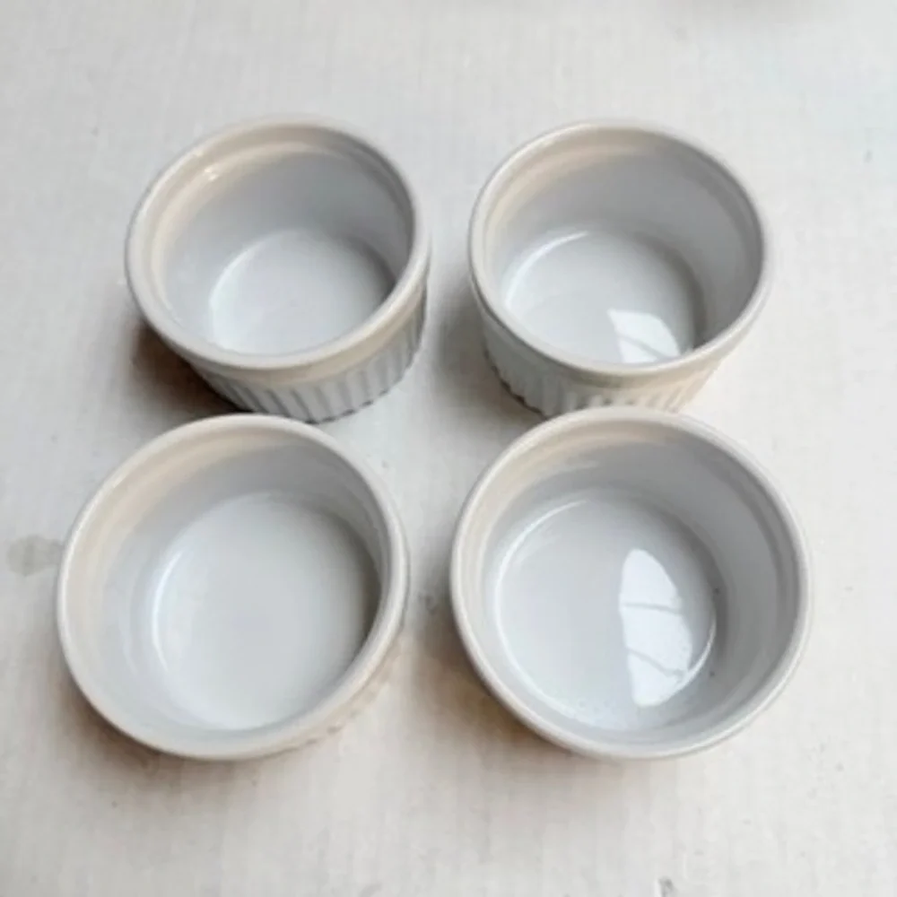 Set of 4 White Ceramic Ramekins Fluted Souffle Dishes 3 Inch Small Bowls
